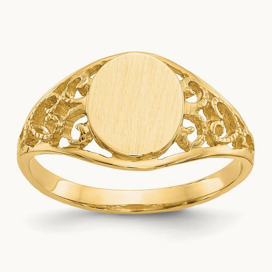 7.5x8. Satin Open Back Filigree Signet Ring, 5mm, 14K