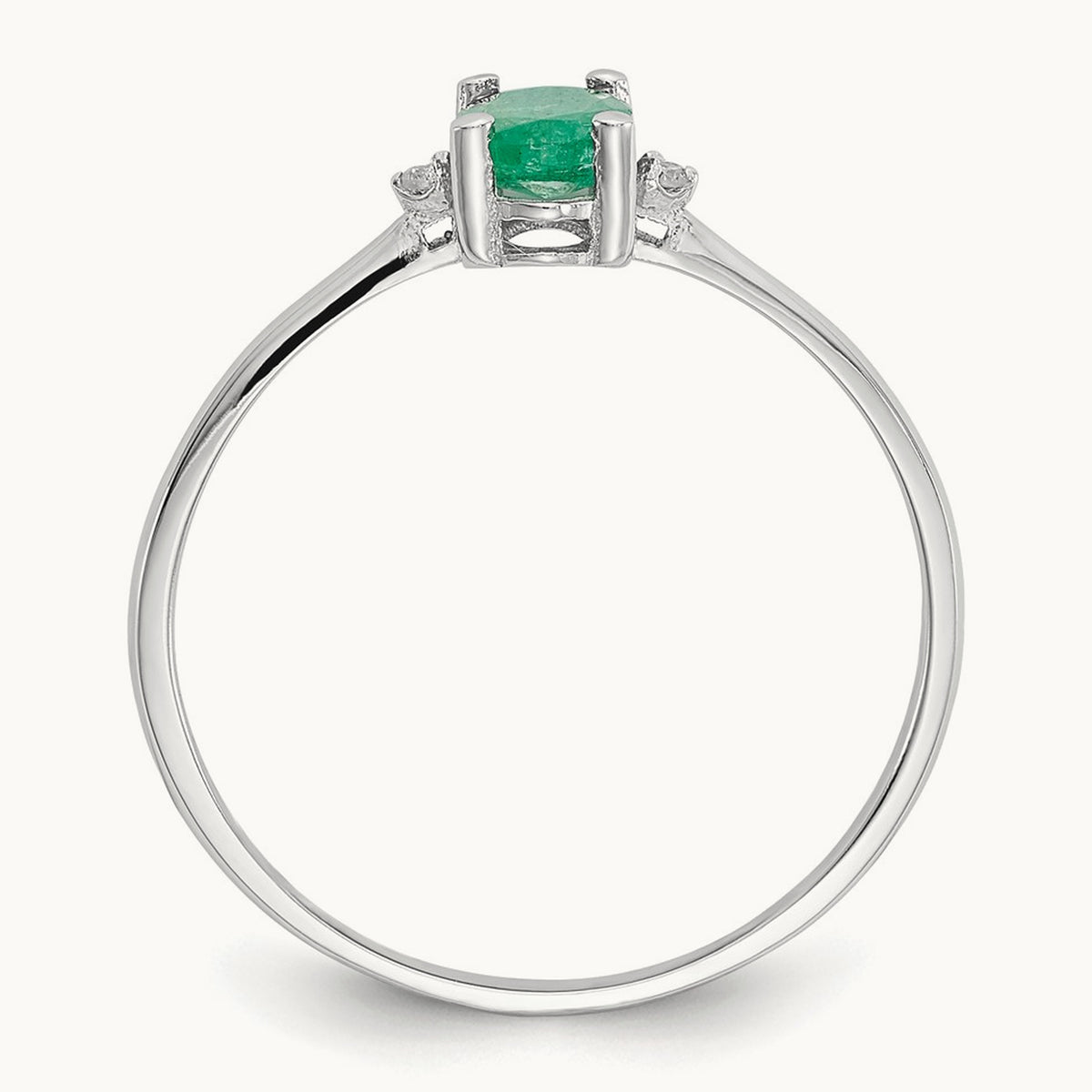 Diamond & Emerald Birthstone Ring — 14K White Gold, 6