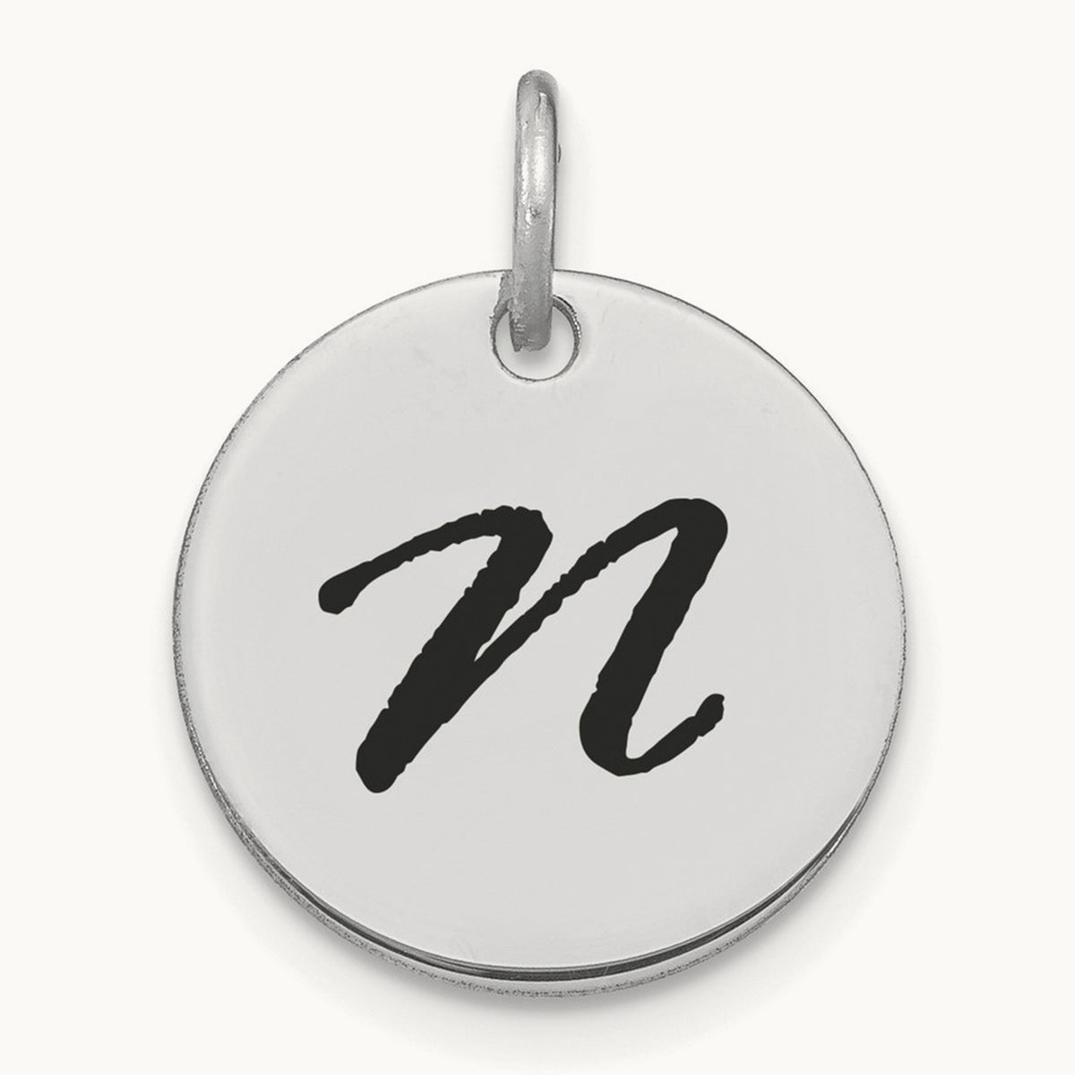 Polished Black Enamel Initial Disk Charm — 14K White Gold, N