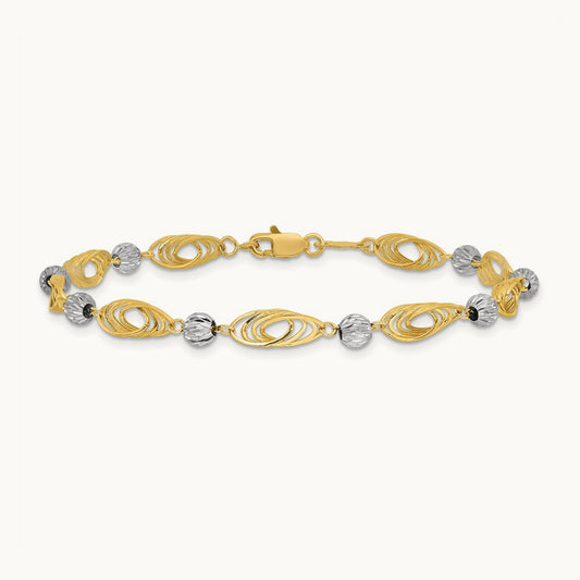 Two-tone Oval Links with Diamond Cut Beads Bracelet, 14K Gold