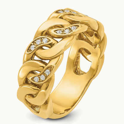 Men's Cuban Link Design Diamond Complete Ring — 14K Yellow Gold