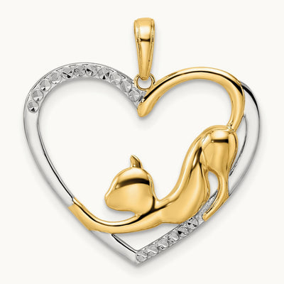 Diamond-cut Cat Stretching in Heart Pendant, 14K with White Rhodium
