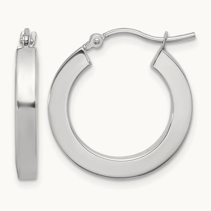 Polished Square Tube Hoop Earrings — 14K White Gold