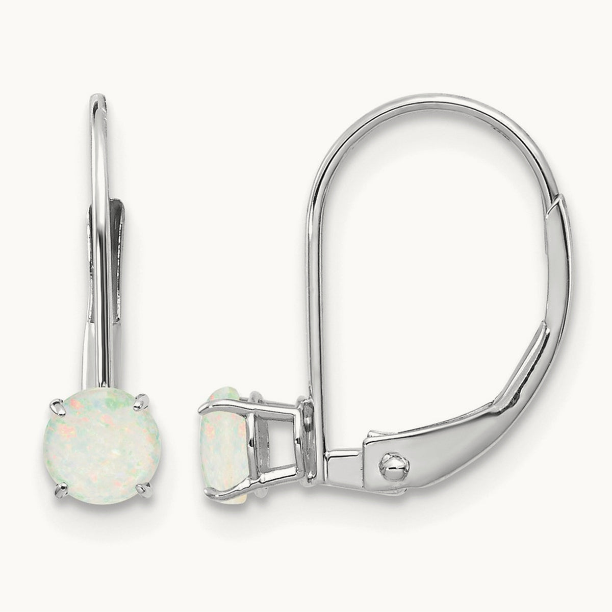 Round October/Opal Leverback Earrings — 14K White Gold