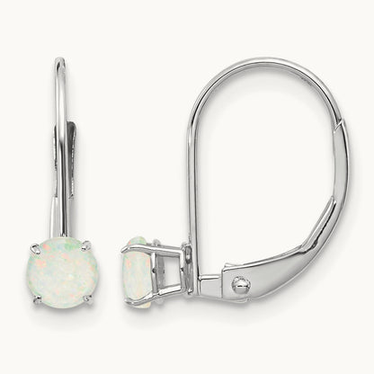 Round October/Opal Leverback Earrings — 14K White Gold