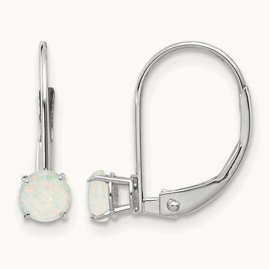 Round October/Opal Leverback Earrings — 14K White Gold