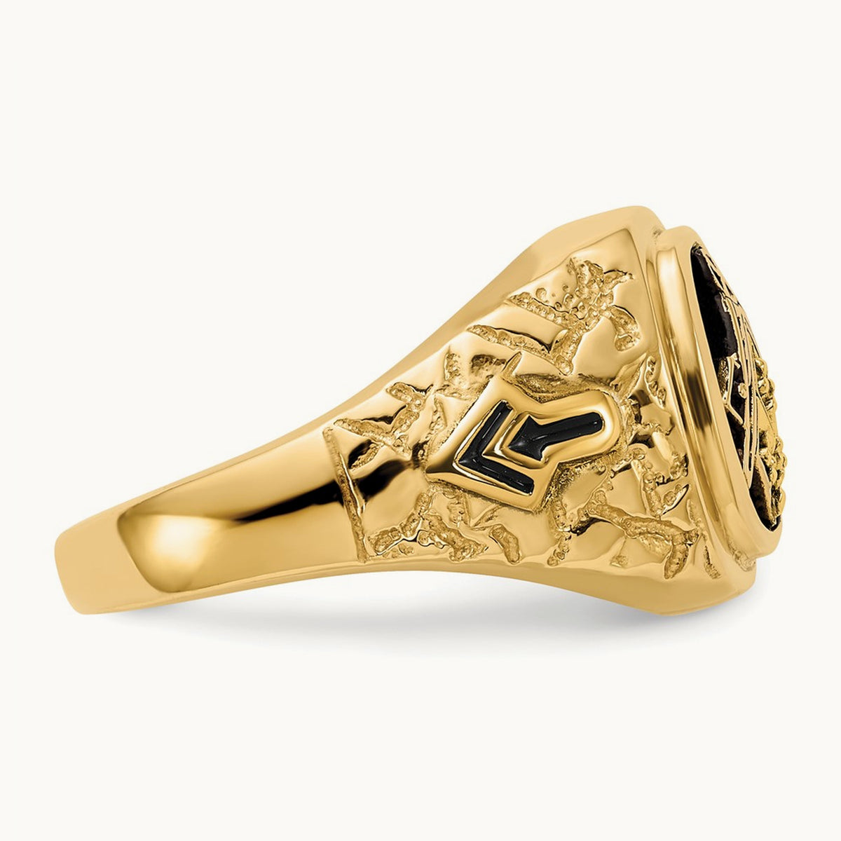 Polished, Antiqued and Nugget Texture Diamond Masonic Ring, 14K