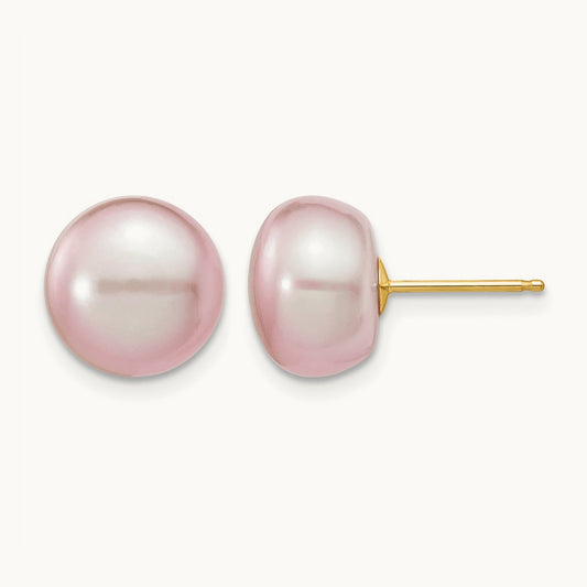 10- Purple Button Freshwater Cultured Pearl Stud Post Earrings, 11mm, 14K