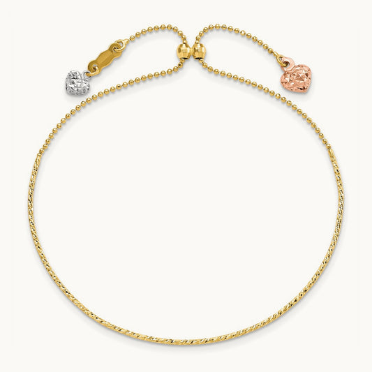 Tri-color D/C Heart Adjustable Bracelet, 14K