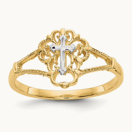 Diamond Cut Cross Ring, 14K Two-tone