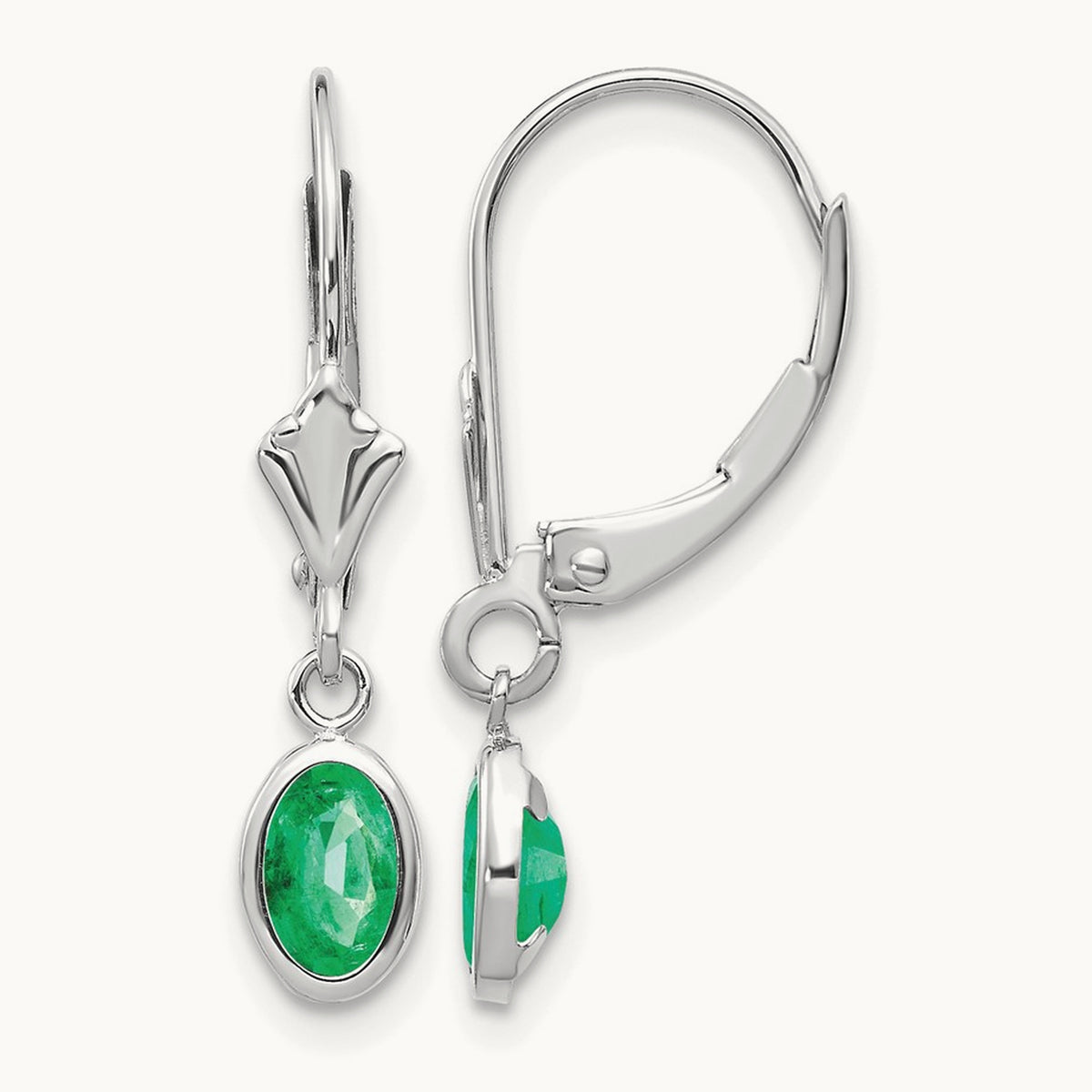 6x4 Oval Bezel May/Emerald Leverback Earrings — 14K White Gold