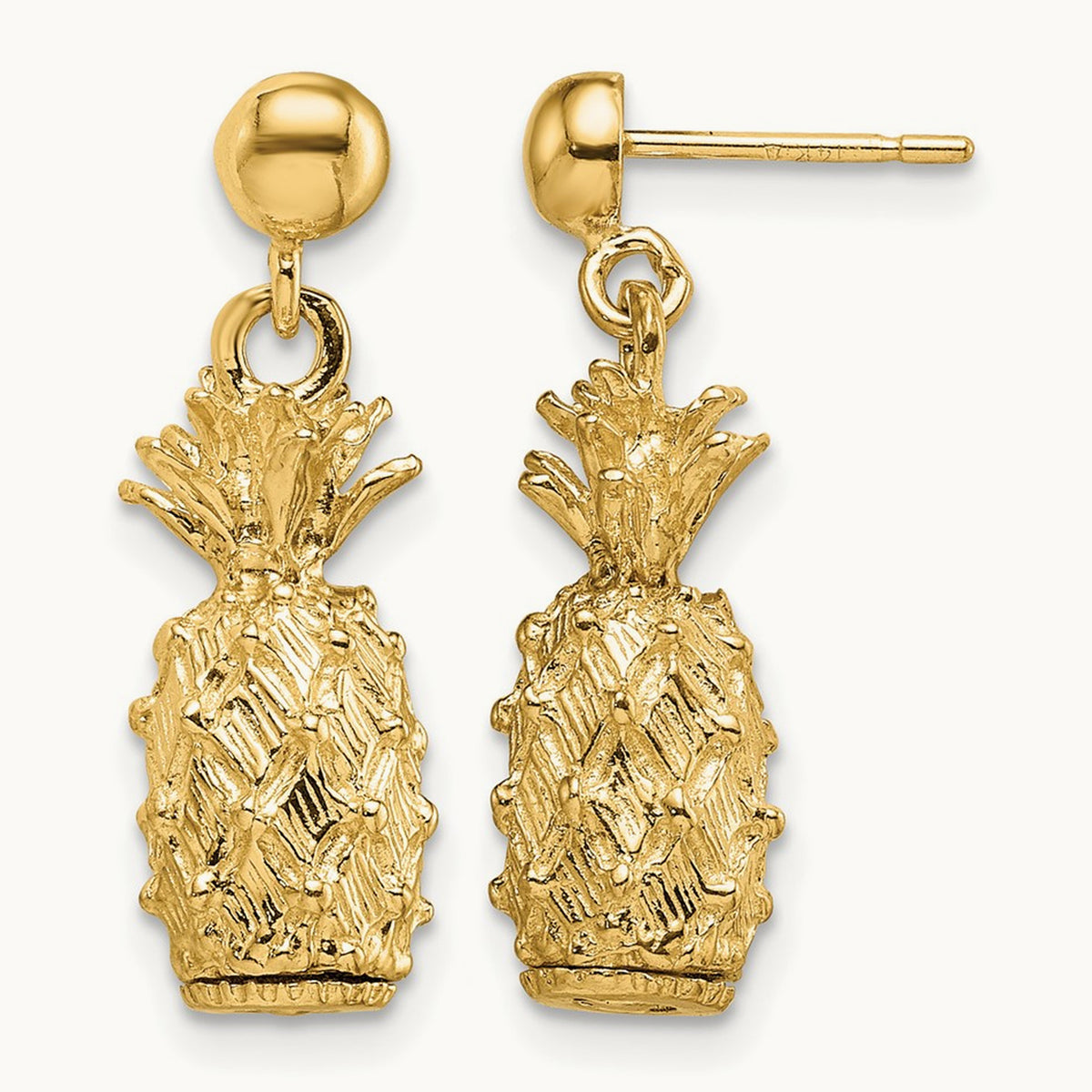 3-D Pineapple Dangle Post Earrings, 14K