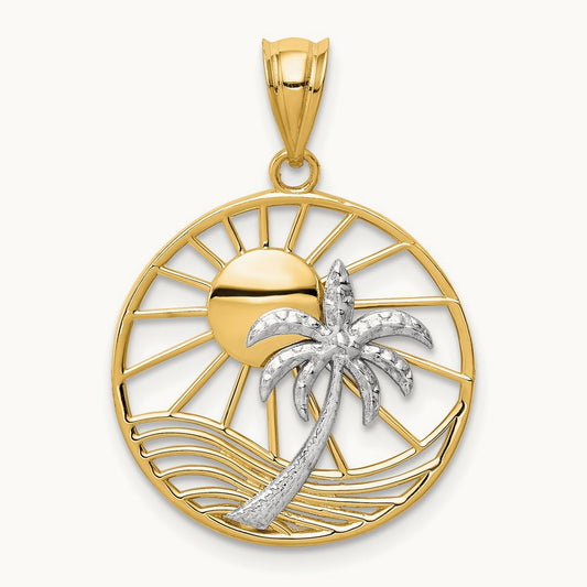 Sun and Palm Tree Pendant, 14K Two-tone