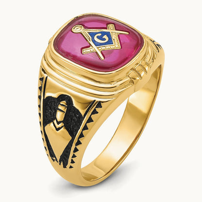 Men's Textured w/ Black Enamel & Lab Cr. Ruby Masonic Ring, 14K