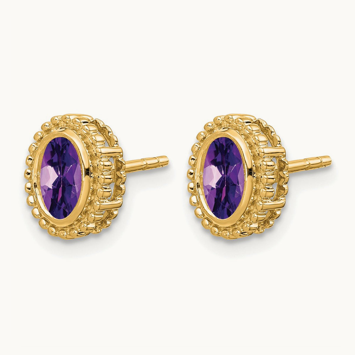 Oval Amethyst Post Earrings — 14K Yellow Gold