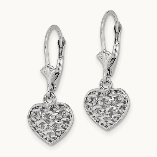 3-D Mini D/C Puffed Heart Leverback Earrings, 14K White Gold