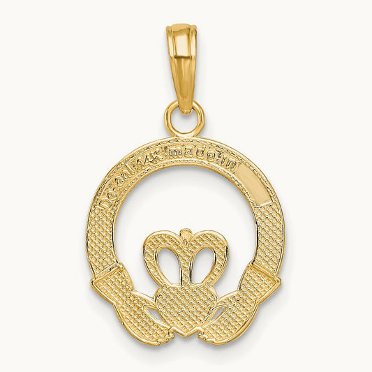 Satin Diamond-cut Flat-Backed Claddagh Pendant, 14K