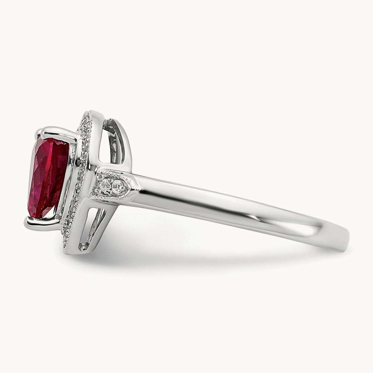 Heart Created Ruby and Diamond Halo Ring, 14K White Gold