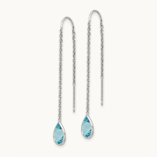 Blue Topaz Pear Bezel Threader Earrings, 14K White Gold