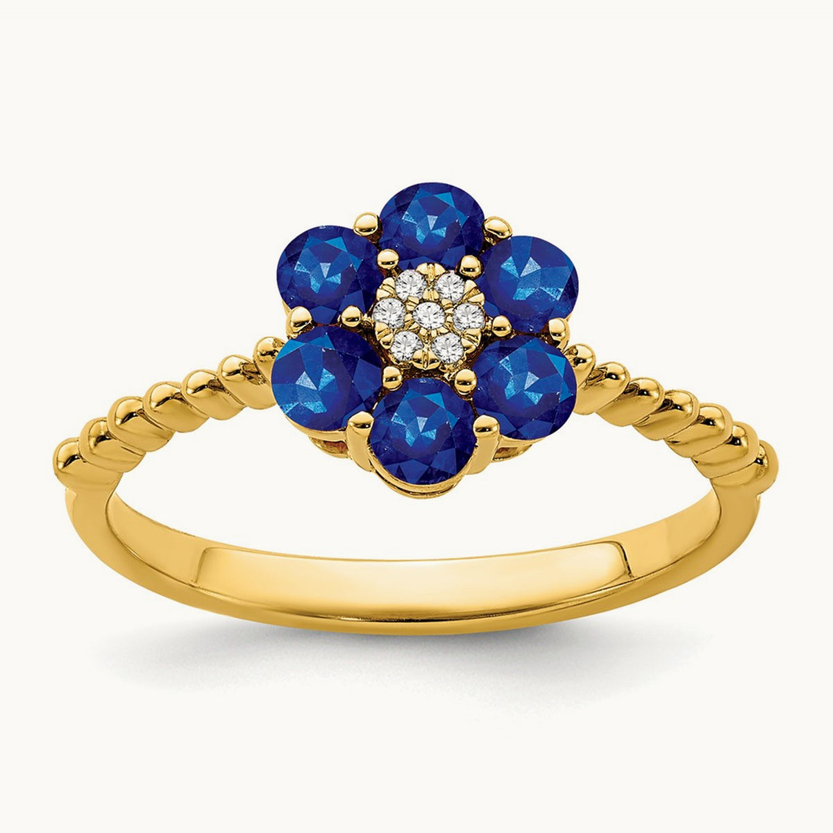 Sapphire and Diamond Floral Ring — 14K Yellow Gold, 7