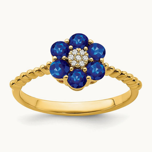 Sapphire and Diamond Floral Ring — 14K Yellow Gold, 7