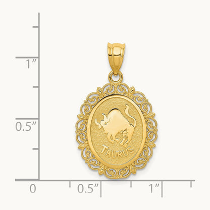 Solid Satin Polished Taurus Zodiac Oval Pendant, 14K