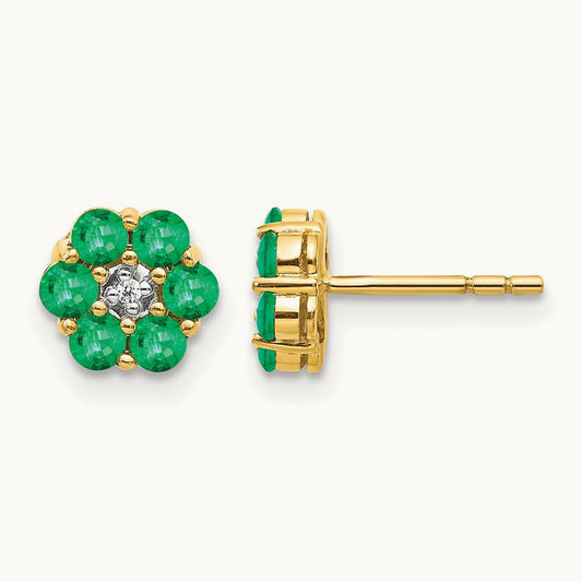 Emerald and Diamond Post Earrings, 14K with Rhodium