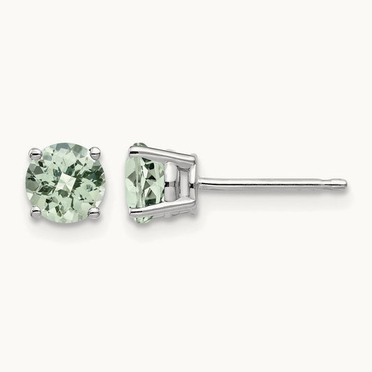 Round Checker-Cut Green Quartz Earrings, 5mm, 14K White Gold
