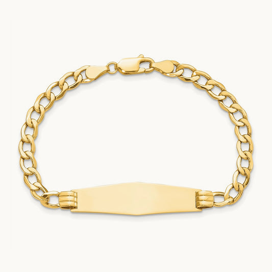 Polished Semi-Solid Soft Diamond Shape Cuban ID Bracelet, 14K