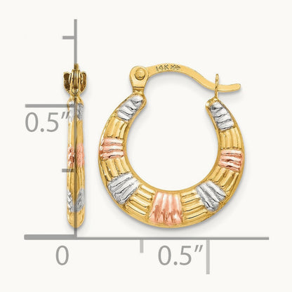 & White and Rose Rhodium Hollow Textured Hoop Earrings, 14K