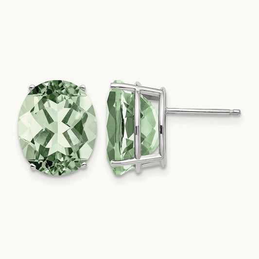12x10 Oval Green Quartz Earrings, 14K White Gold