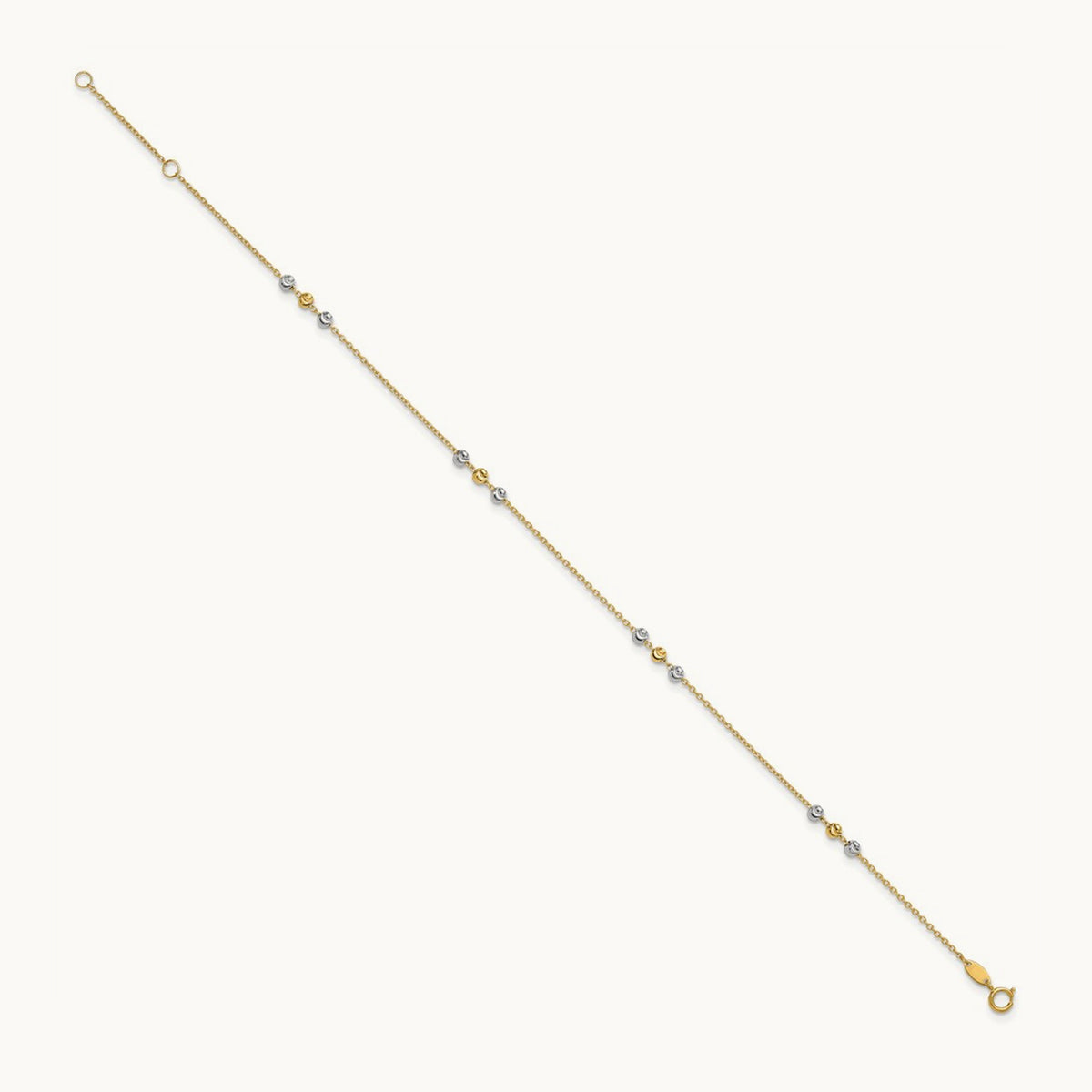 Polished Diamond-cut Beaded 9in Plus 1 in ext. Anklet, 14K Two-tone