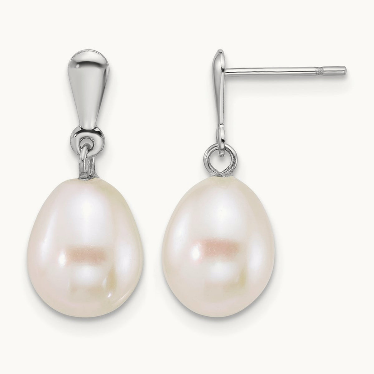 WG 8- Rice White FW Cultured Pearl Post Dangle Earrings, 9mm, 14K