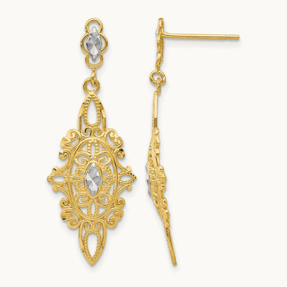 Diamond-cut Filigree Earrings — 14K Two-Tone Gold