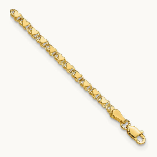 Polished Double-Sided Heart 10in Anklet, 14K