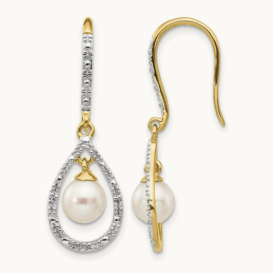 6- White Round FWC Pearl .02ct. Diamond Dangle Earrings, 7mm, 14K