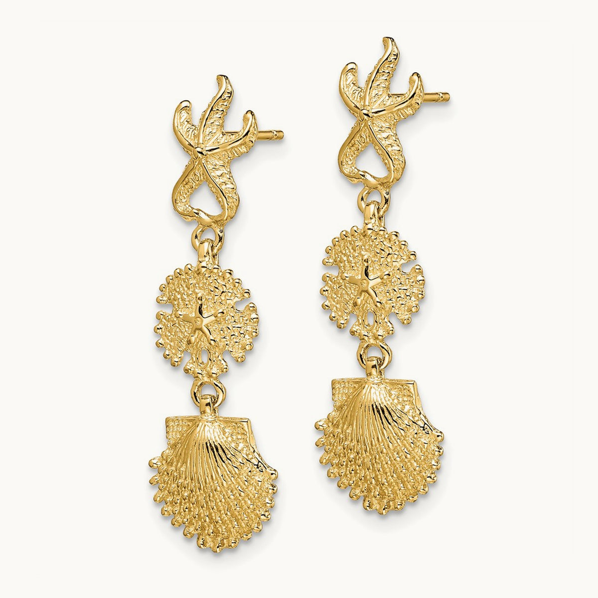Starfish, Sand Dollar ,Scallop Shell Dangle Earrings, 14K