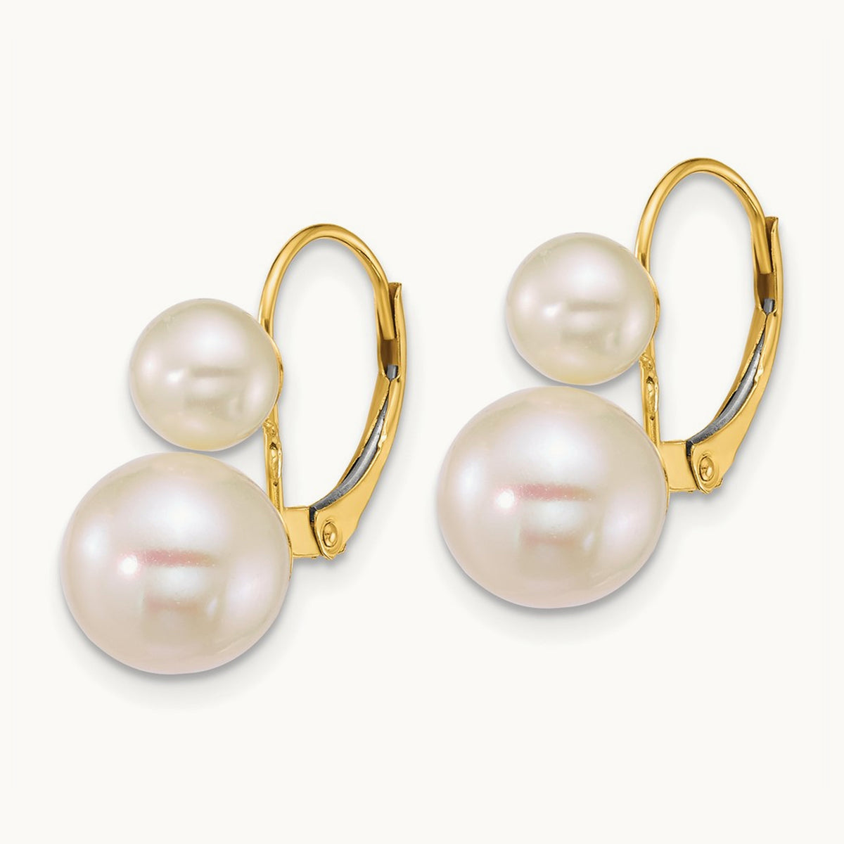 6- Round White Freshwater Cultured 2 Pearl Earrings, 9mm, 14K