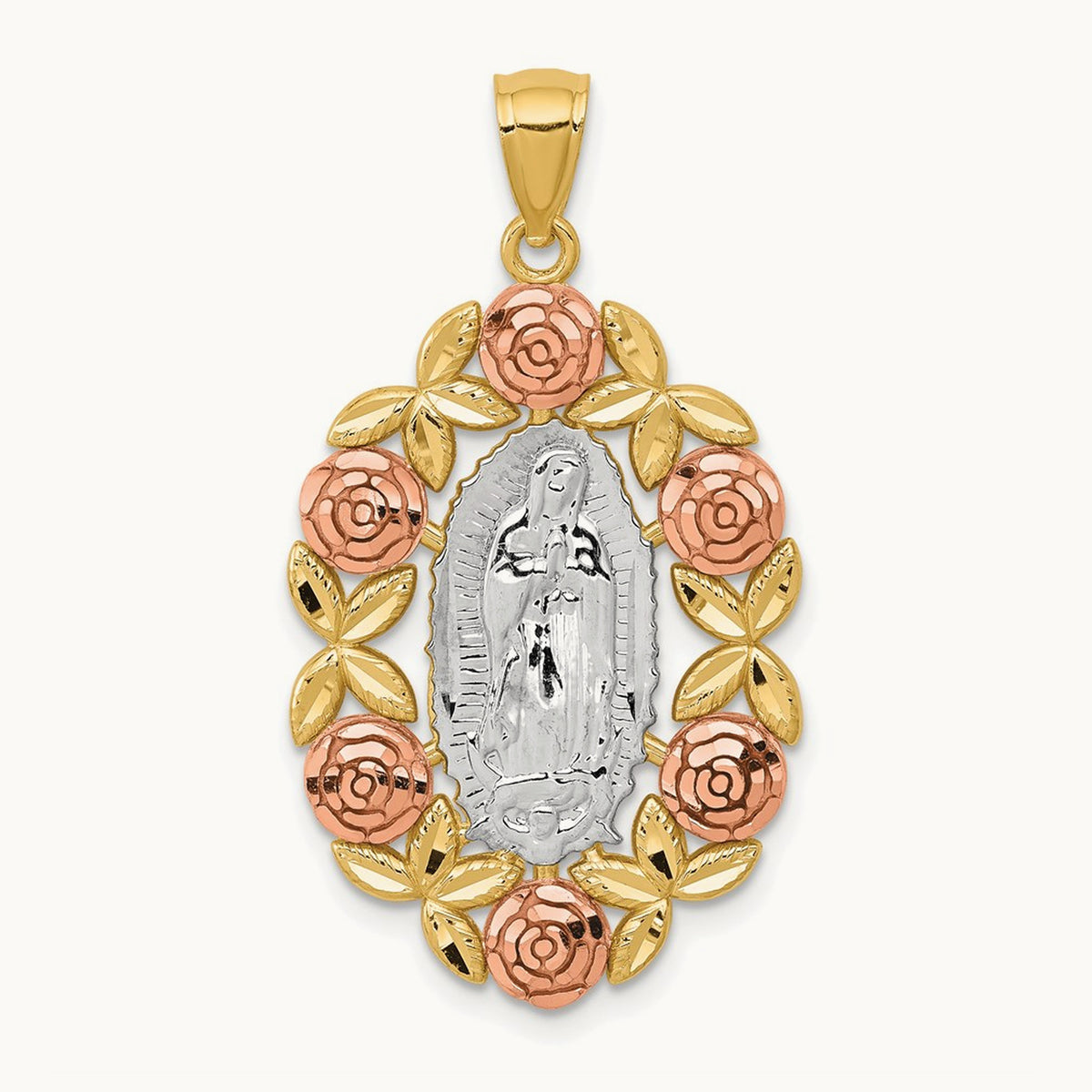 w/White Rhodium Lady Of Guadalupe Pendant, 14K Two-tone