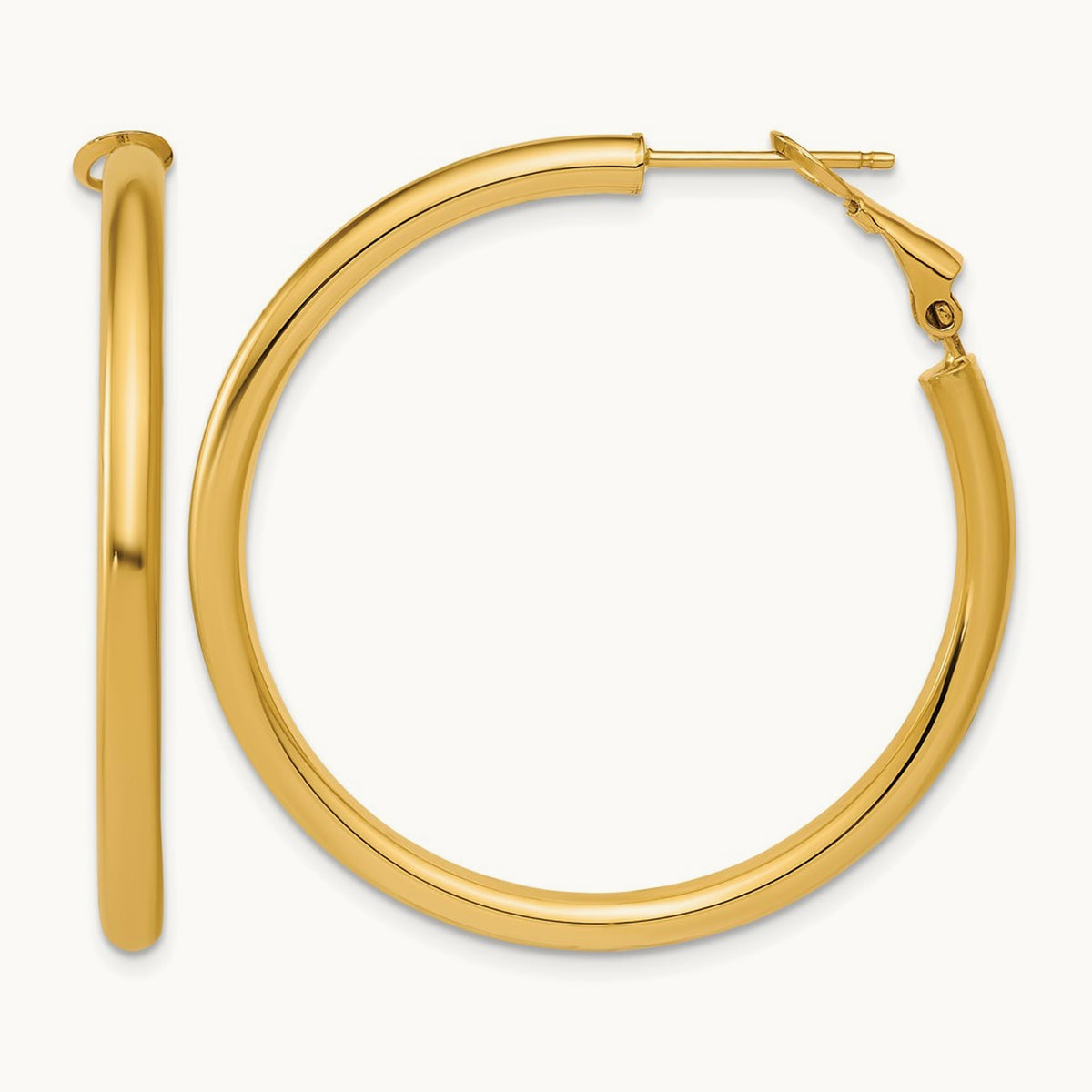 Polished Round Omega Back Hoop Earrings — 14K Yellow Gold, 3x40mm
