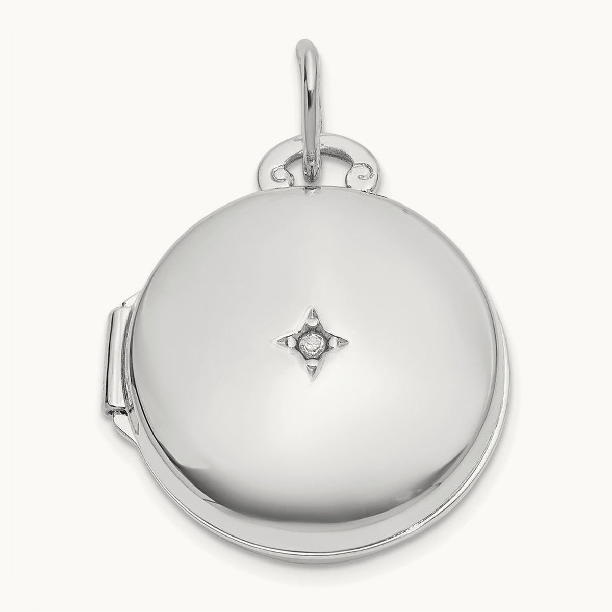 Polished Diamond Round Locket, 16mm, 14K White Gold