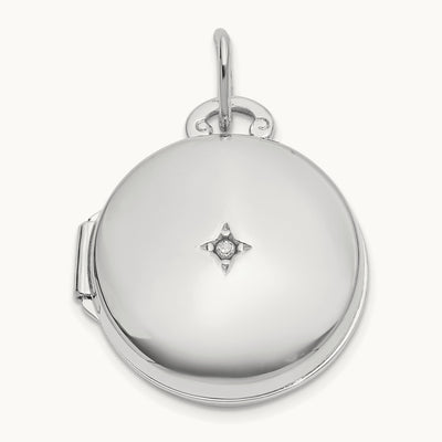 Polished Diamond Round Locket, 16mm, 14K White Gold