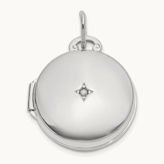 Polished Diamond Round Locket, 16mm, 14K White Gold