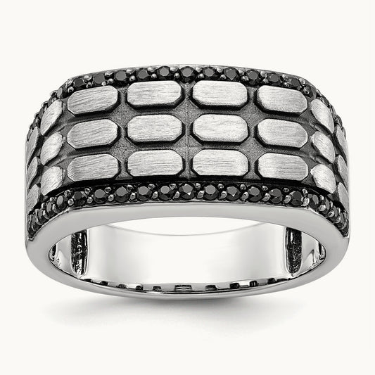 w/ Black RH IBGoodman Men's Satin/Textured Black Diamond Ring, 14K White Gold