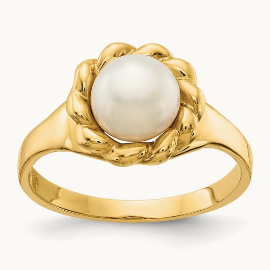 6- White Button Freshwater Cultured Pearl Ring, 7mm, 14K