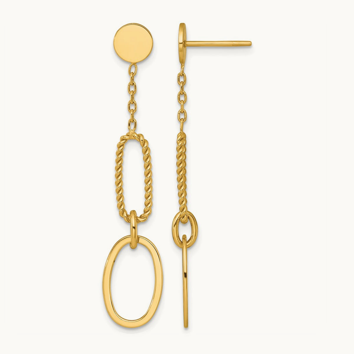Polished And Twisted Oval Link Dangle Post Earrings, 14K