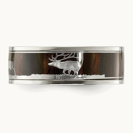 Polished with Wood Inlay Deer Design Band, 8mm, Stainless Steel