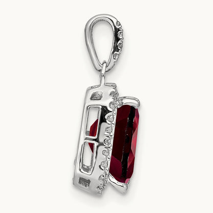 Emerald-cut Garnet and Diamond Halo Pendant, 14K White Gold