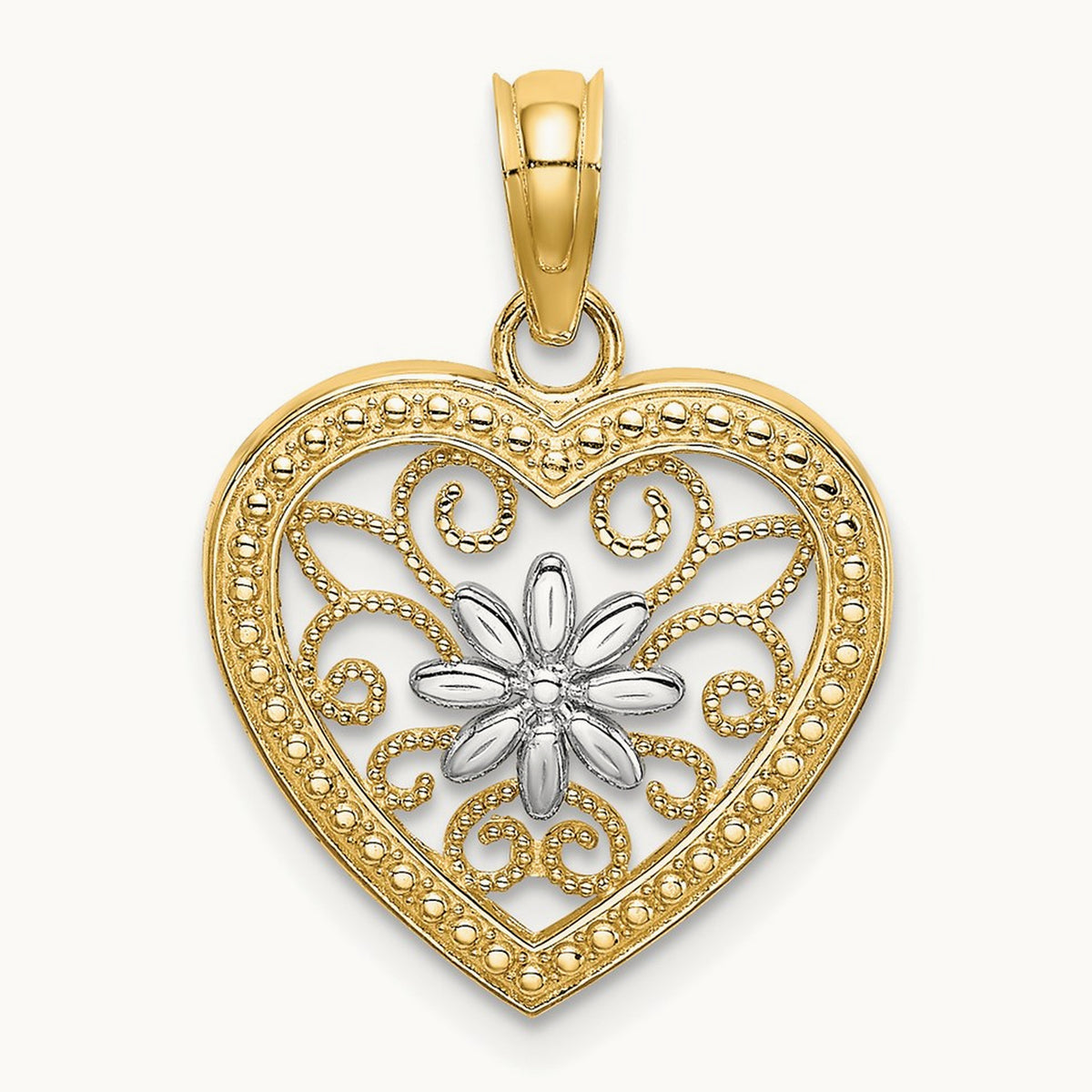 w/ Rhodium Textured Heart Flower Filigree Charm, 14K