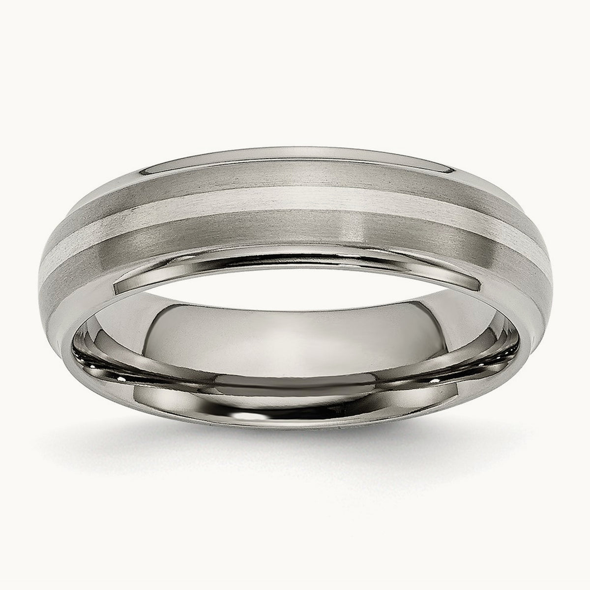 Brushed Center w/Sterling Silver Inlay Ridged Edge Band, 6mm, Titanium